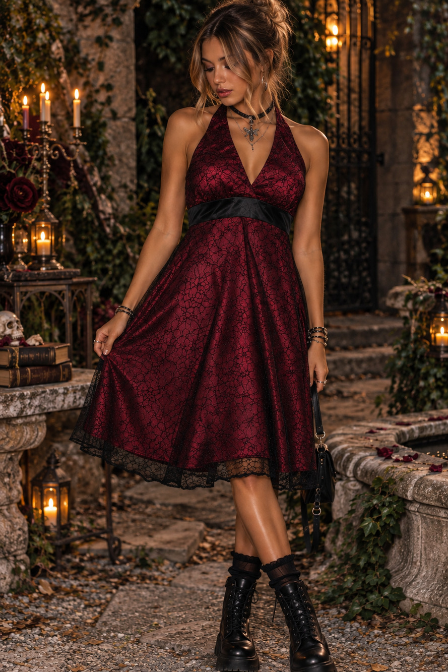 Fairy grunge black lace halter babydoll Jones New York dress Sz 12 Wedding HOCO